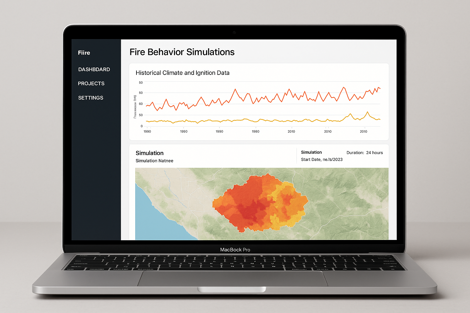 Fire Behavior Simulations dashboard showing historical climate and ignition data