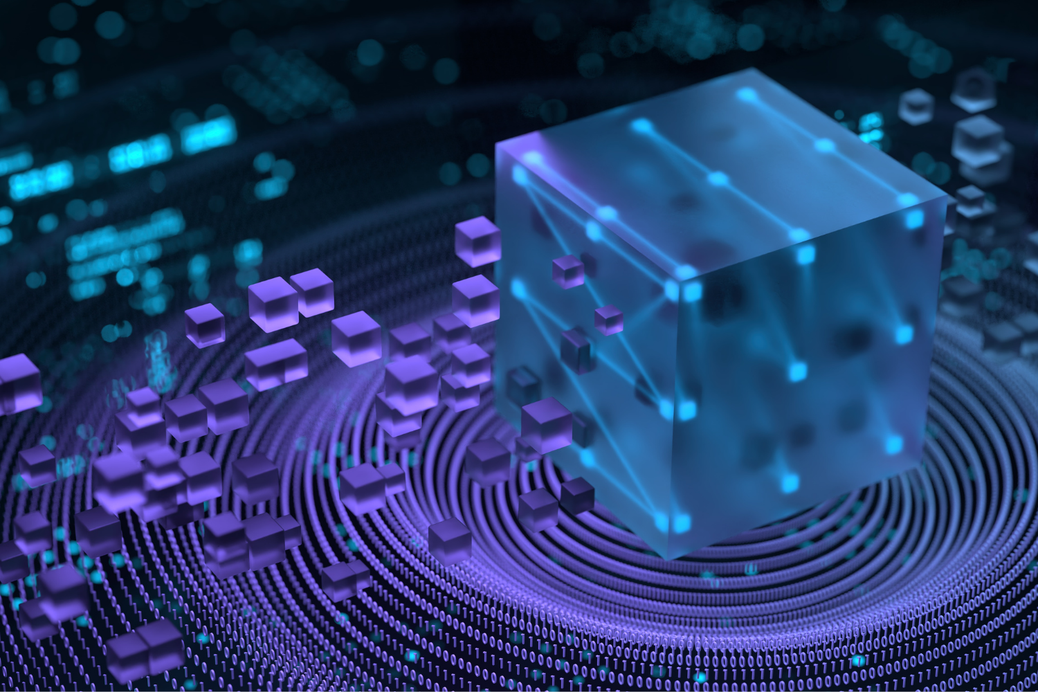 API integration visualization with data cubes and network connections